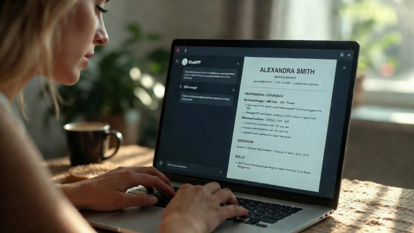 Job seeker editing AI-generated resume with interview metrics overlay.